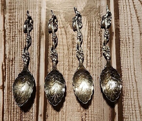 925 Sterling Silver Other - Set Of 4 Vintage Pewter Dimi Spoons With Grape Vine Design